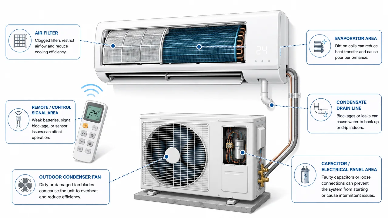 Illustrated air conditioner troubleshooting guide showing the indoor unit, outdoor condenser, filter, drain line, fan and electrical checkpoints.