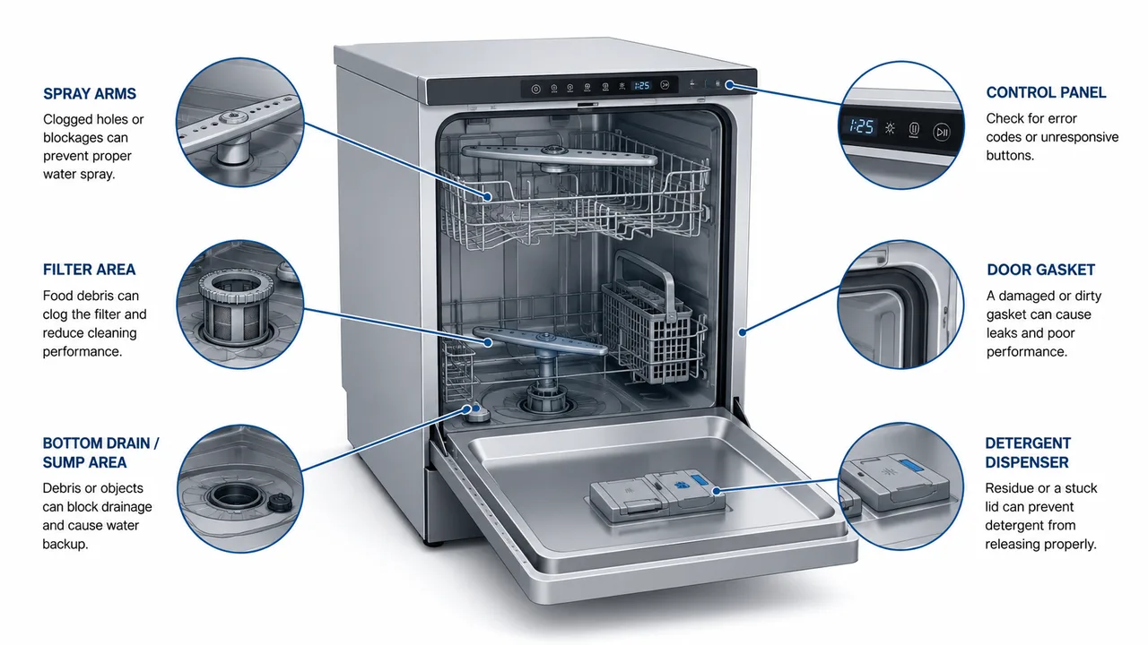 Illustrated dishwasher troubleshooting guide showing the spray arms, filter, sump, gasket, control panel and detergent dispenser.