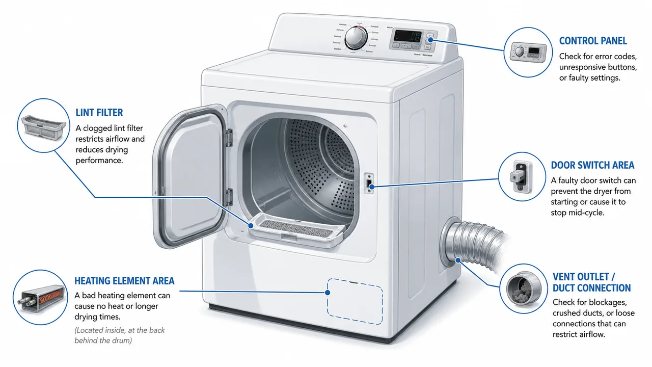 Illustrated dryer troubleshooting guide showing the lint filter, heating element area, door switch area, vent outlet and control panel.