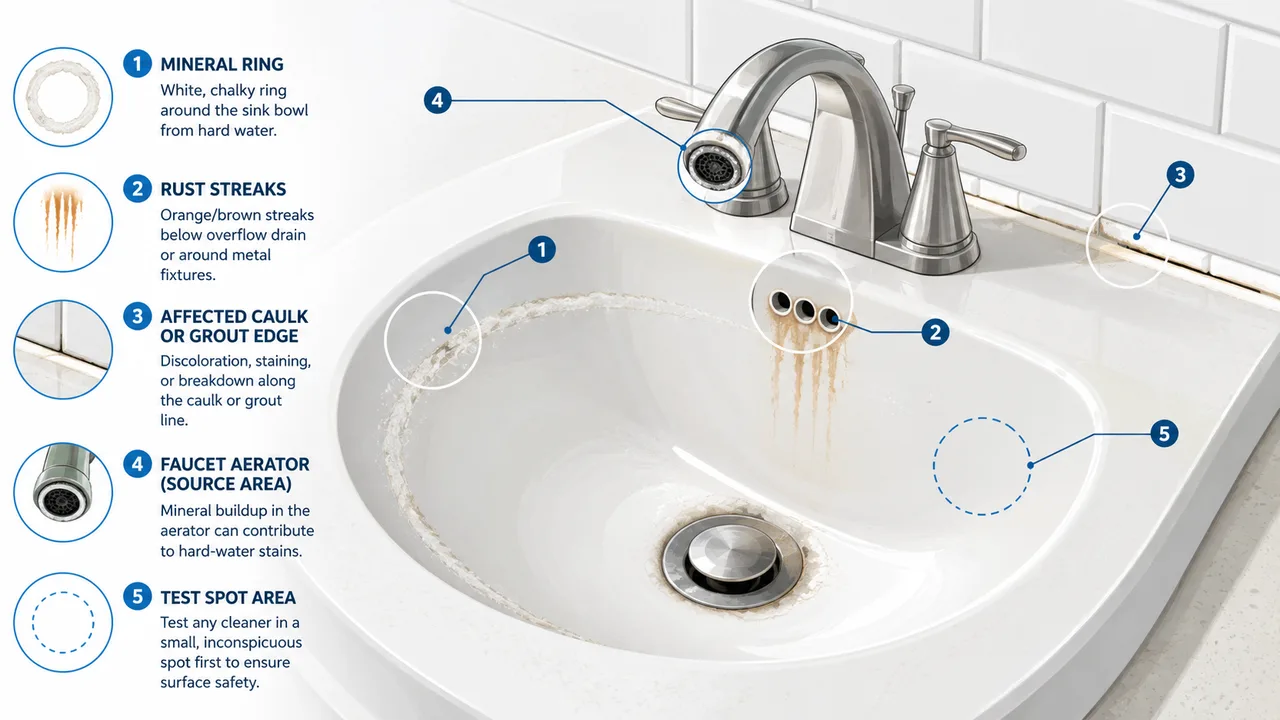 Illustrated hard-water stain cleaning guide showing a sink with mineral ring, rust streaks, affected caulk and faucet aerator buildup.