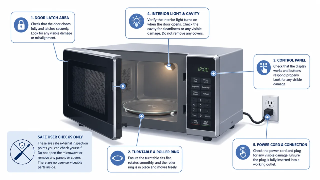 Illustrated microwave safety and troubleshooting guide showing the door latch area, turntable, control panel, interior cavity and power cord connection.
