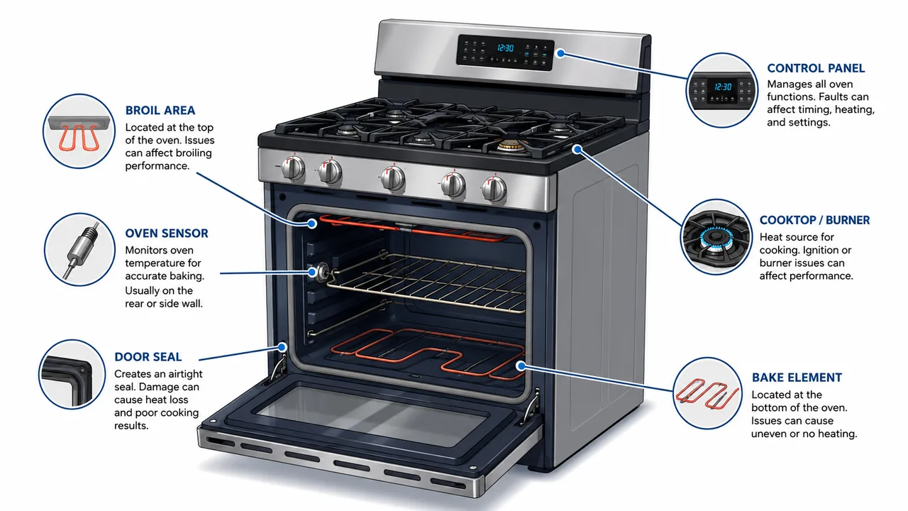 Illustrated oven and range troubleshooting guide showing the bake element, broil area, control panel, cooktop burner and door seal.
