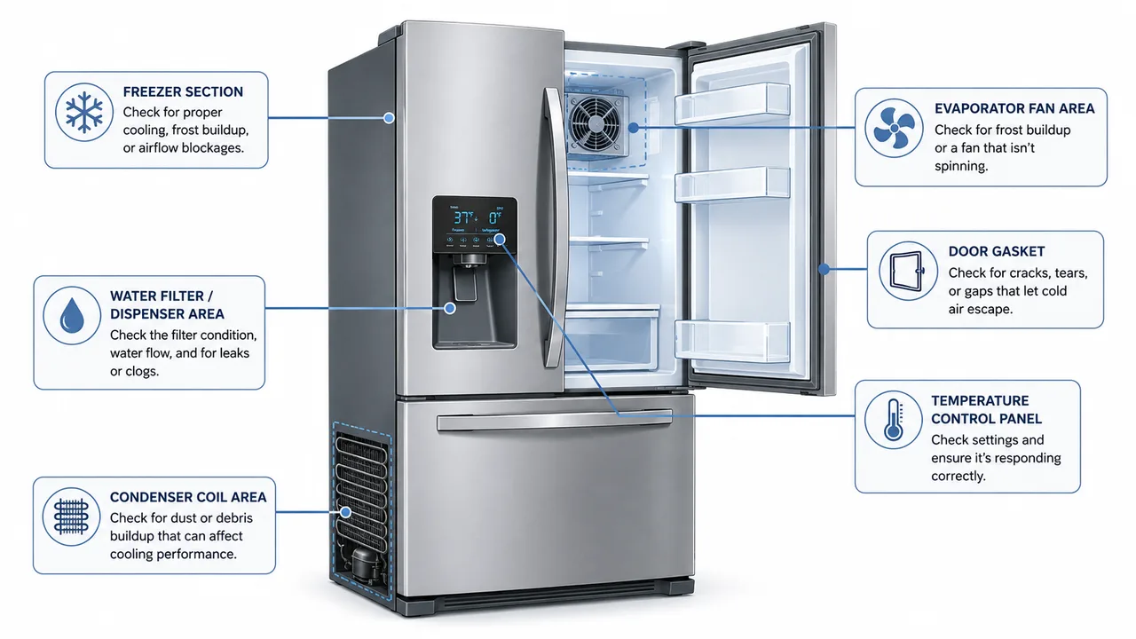 Illustrated refrigerator troubleshooting guide showing the freezer section, evaporator fan area, door gasket, control panel and condenser coil area.