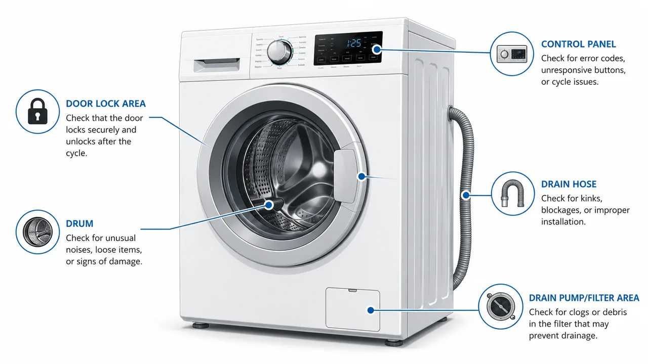 Illustrated washing machine troubleshooting guide showing the control area, door gasket, detergent drawer, drain area and key external checkpoints.
