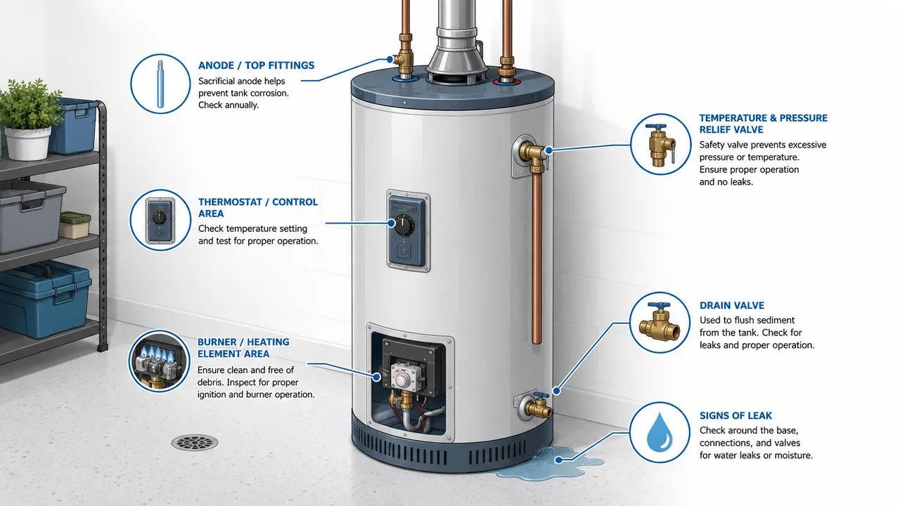 Illustrated water heater troubleshooting guide showing the top fittings, thermostat area, burner or element area, relief valve, drain valve and leak points.