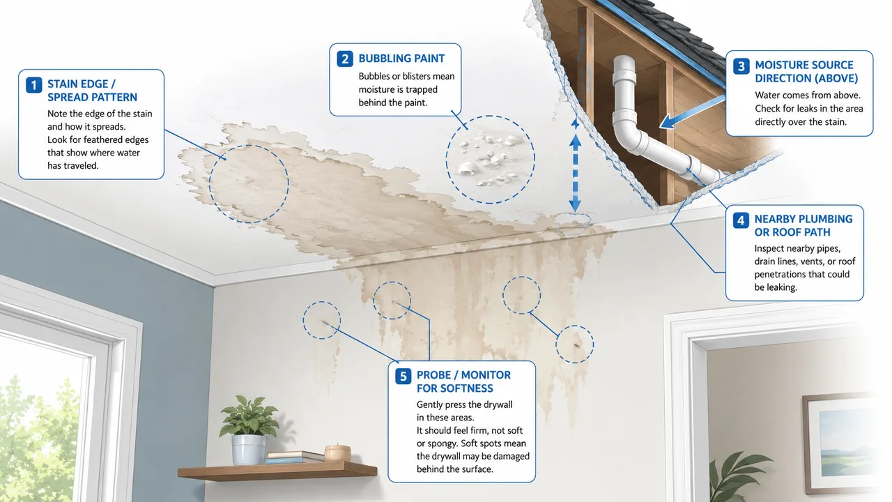 Illustrated water stain inspection guide showing a ceiling stain, bubbling paint, probable moisture source above and nearby plumbing path.